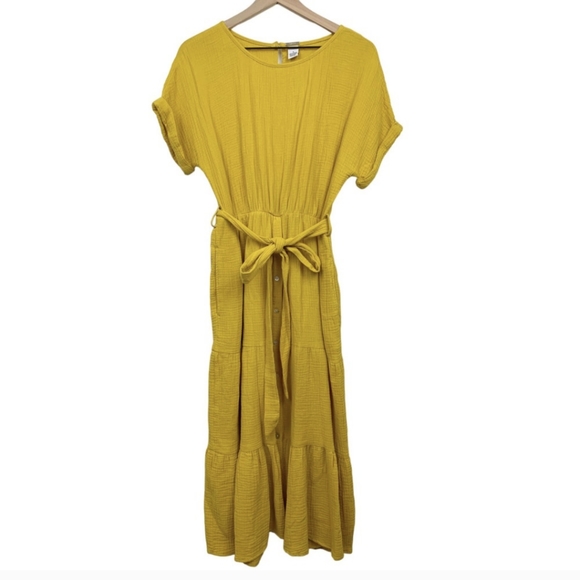 Magashoni Midi Dress Organic Gauze Size Small Yellow Button Front Short Sleeve - Picture 2 of 15